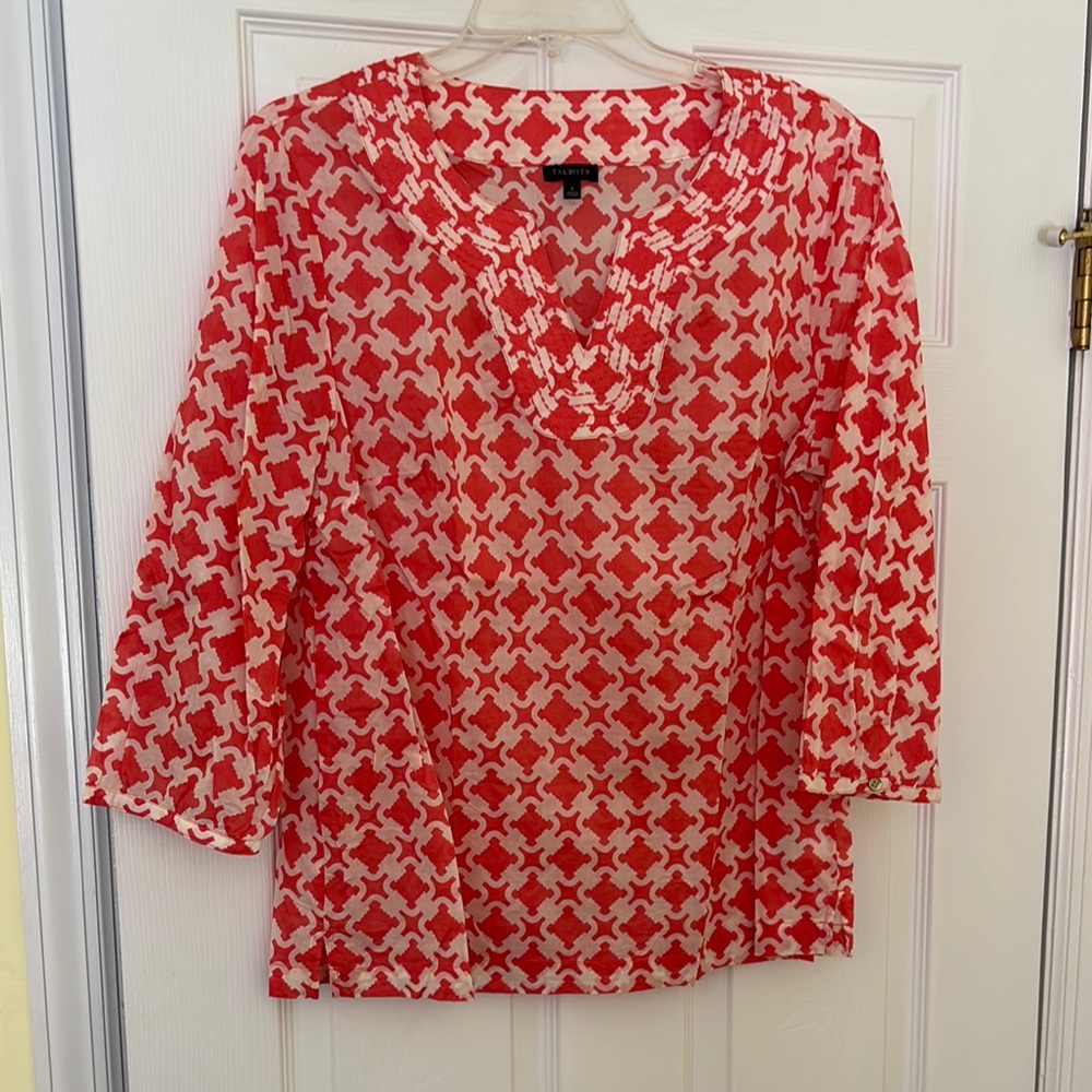 Talbots Coral and White Boxy Blouse with Three-Quarter Sleeves